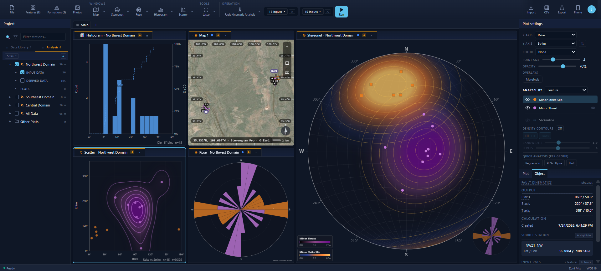 Stereogram Pro full-workspace view showing map, stereonet, and rose panels driven from one project